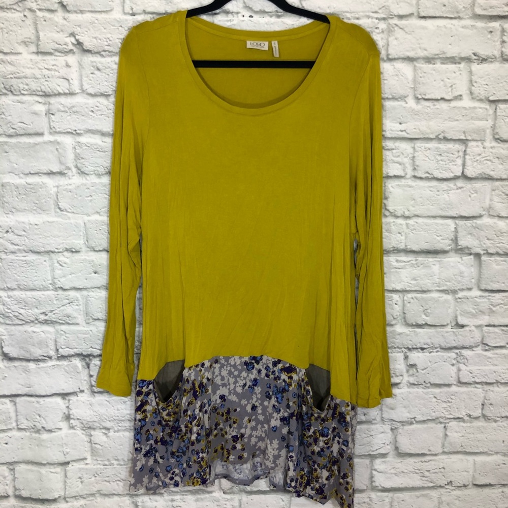 LOGO Mustard Yellow Purple Floral Print Tunic Top